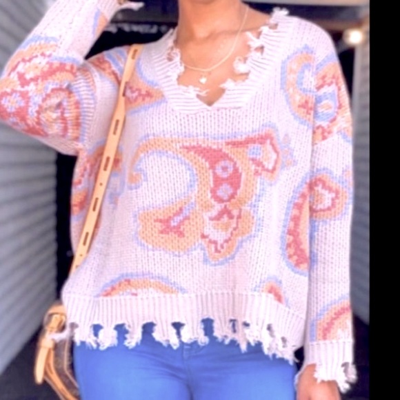 Hippie Style Fringe Raw Cut Trim Woolblend Deep V Neck Loose Long Sleeve Sweater - Picture 1 of 10